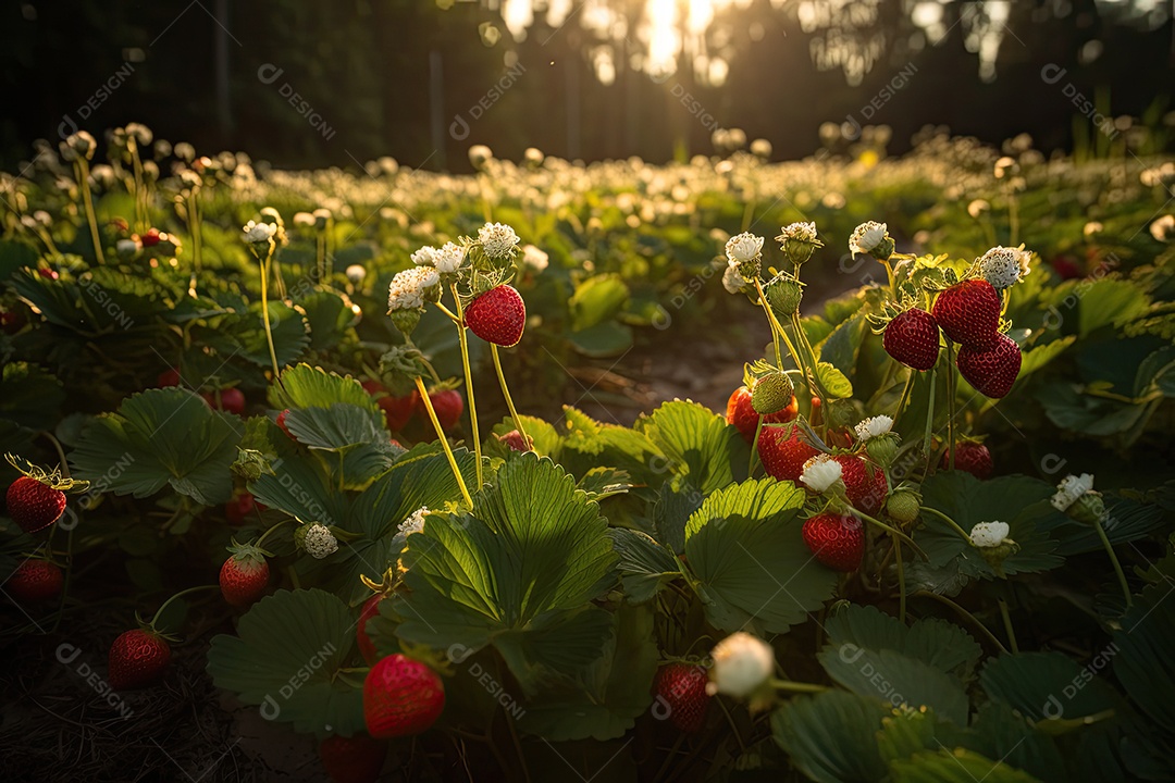 Morangos maduros em campo exuberante, com abelhas polinizando.