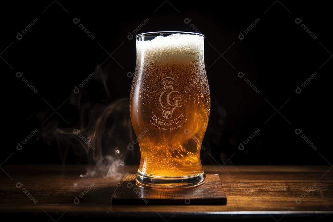 Copo dourado de cerveja gelada na mesa.