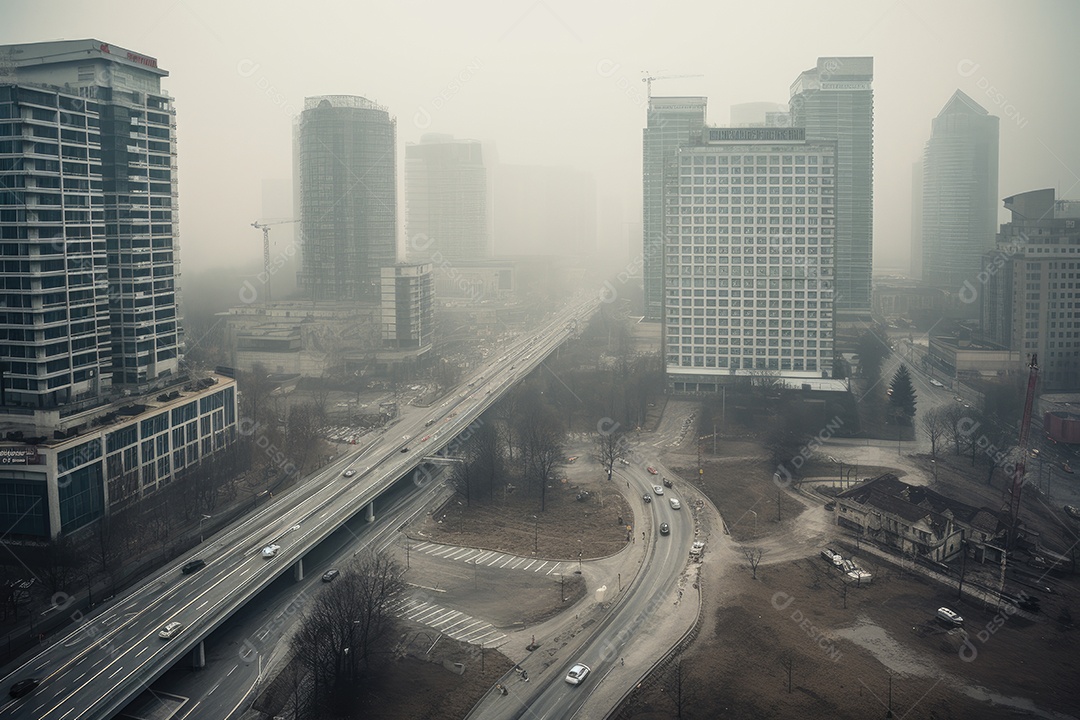 Cidade nublada, poluída e desolada.