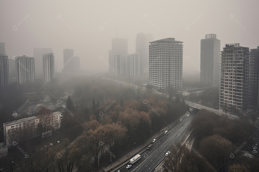 Cidade nublada, poluída e desolada.