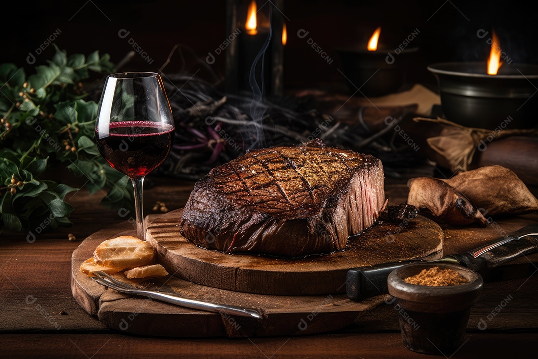 Picanha grelhada com farofa e vinho.