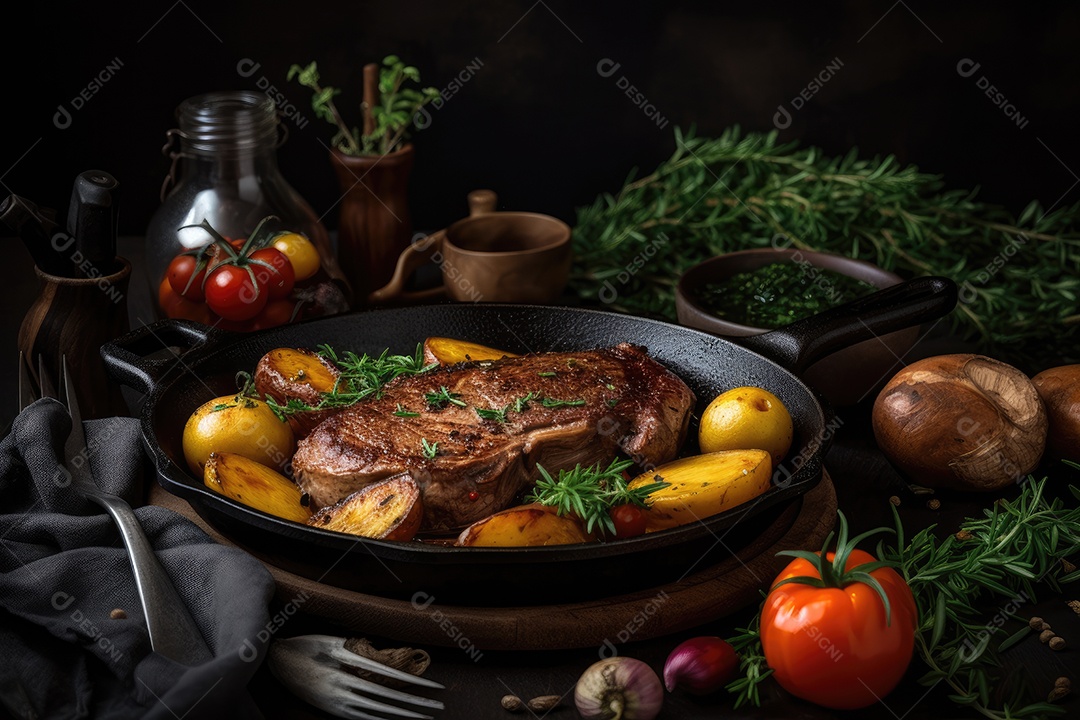 Suculento bife grelhado com batatas e legumes frescos.