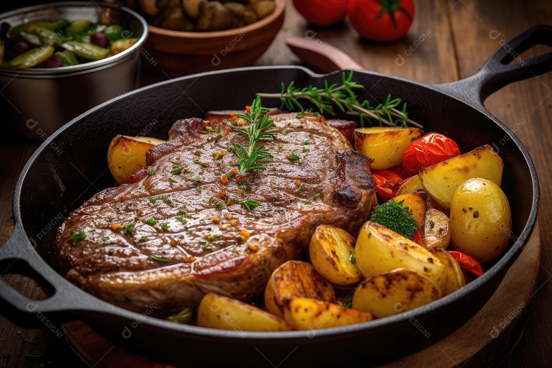 Suculento bife grelhado com batatas e legumes frescos.