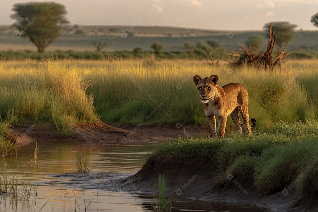 Filhote de leão explorando a savana ao entardecer.