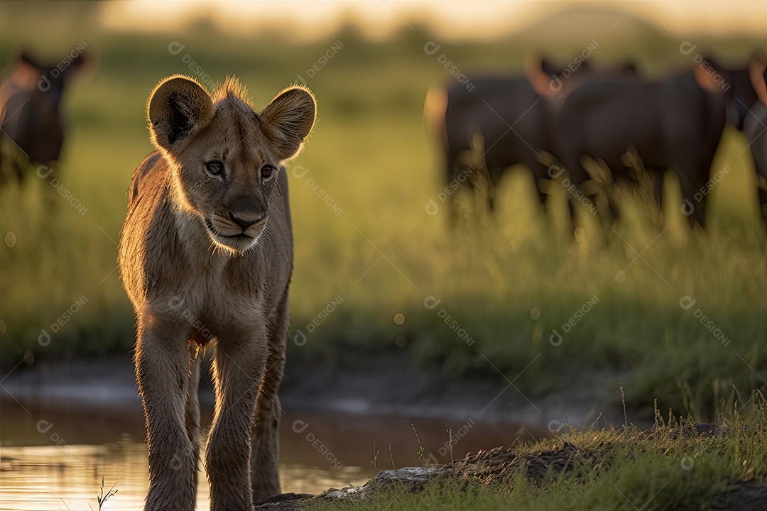Filhote de leão explorando a savana ao entardecer.