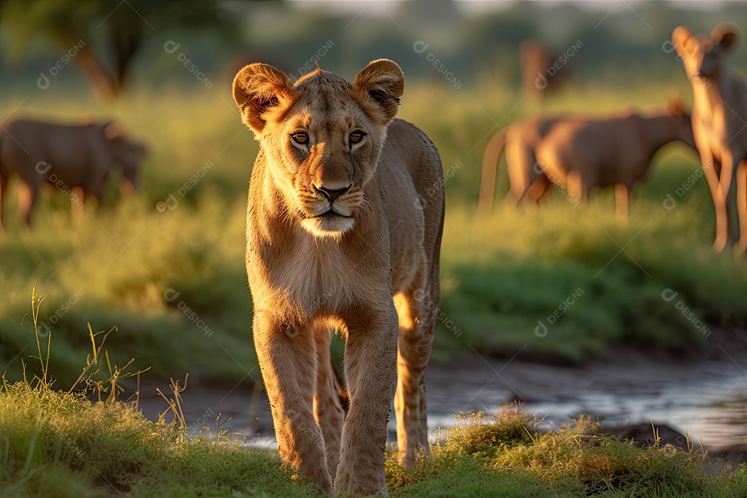 Filhote de leão explorando a savana ao entardecer.