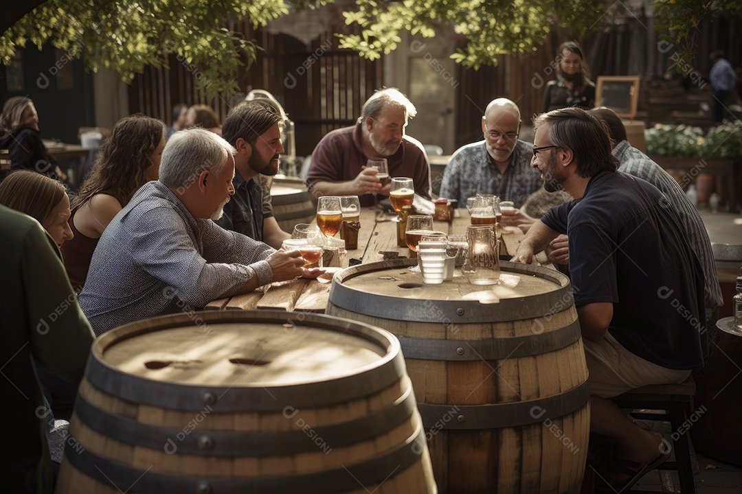 Encontro alegre em cervejaria rústica, sabores transbordantes.