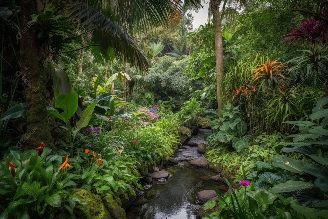Exuberante jardim tropical com majestosa árvore, riacho, flores e pássaros.
