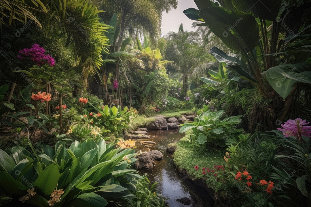 Exuberante jardim tropical com majestosa árvore, riacho, flores e pássaros.