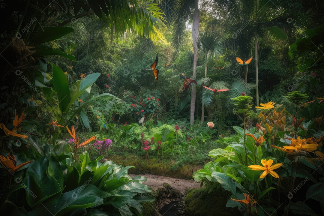 Exuberante jardim tropical com majestosa árvore, riacho, flores e pássaros.