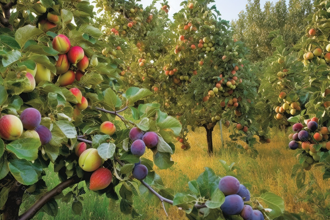Pomar exuberante: maçãs, peras, uvas, figos e bagas.