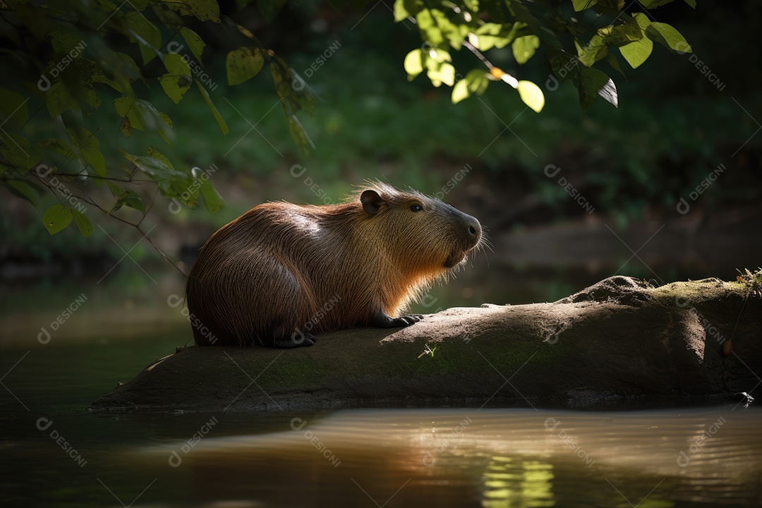 Capivara relaxando à beira do riacho, cercada pela natureza.
