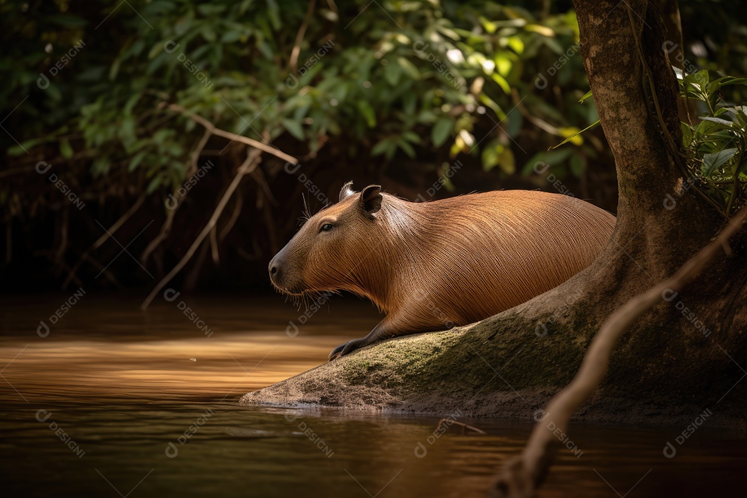 Capivara relaxando à beira do riacho, cercada pela natureza.