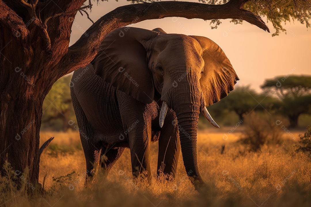 Elefante majestoso na savana africana ao pôr do sol.