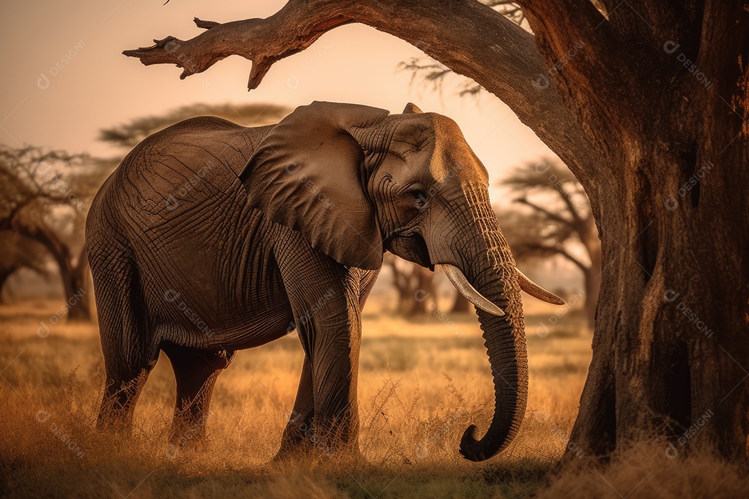 Elefante majestoso na savana africana ao pôr do sol.