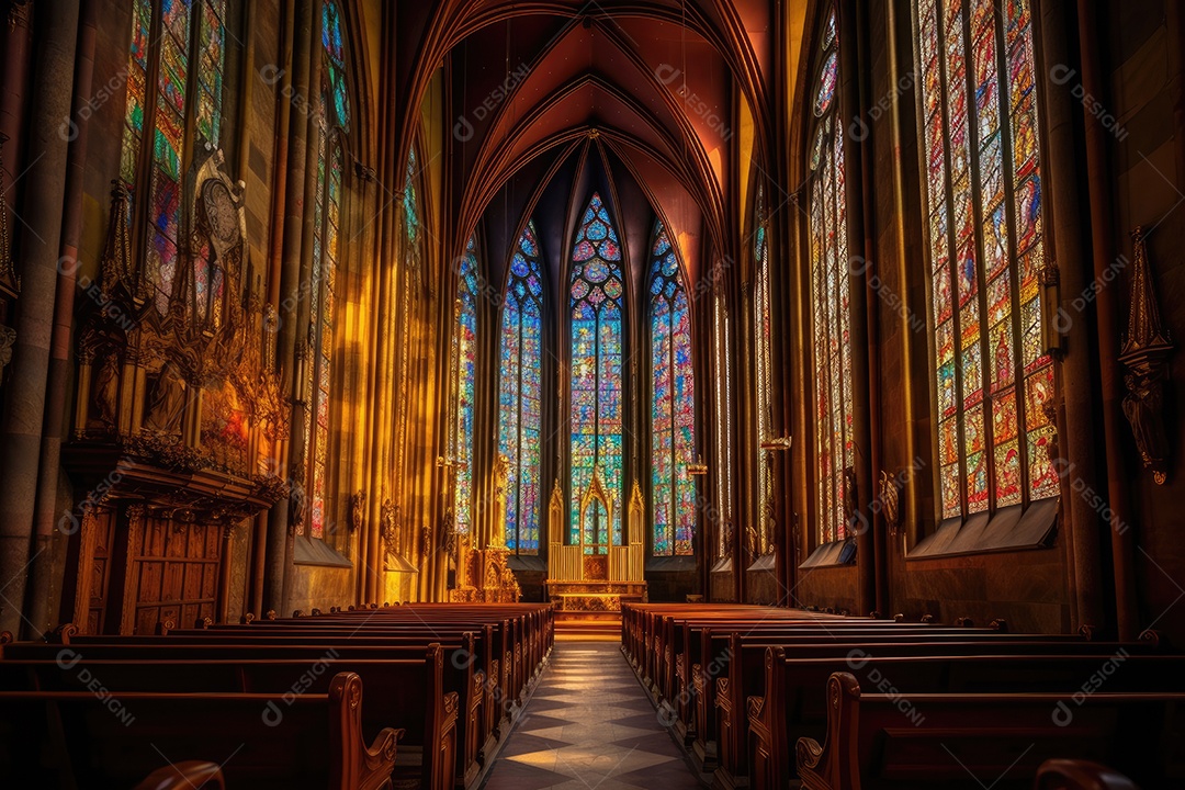 Igreja gótica com torres e vitrais