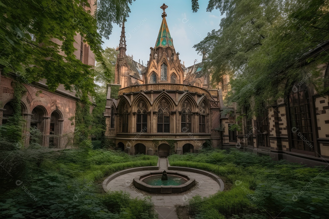 Igreja gótica com torres e vitrais, jardim sereno.
