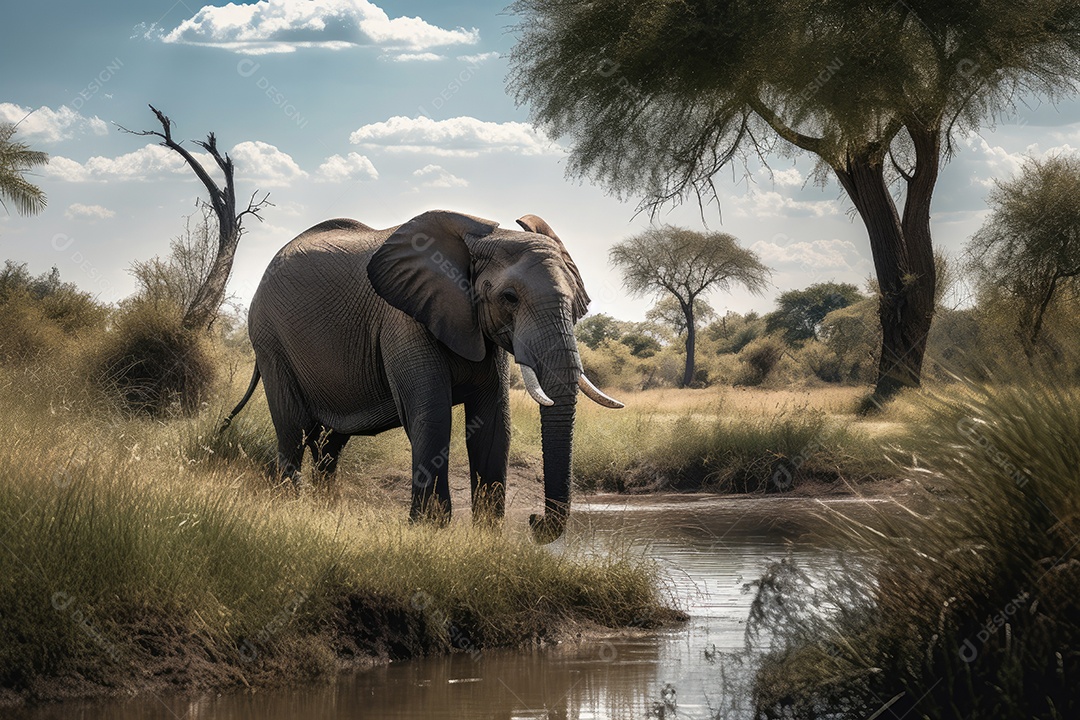 Elefante sereno na savana