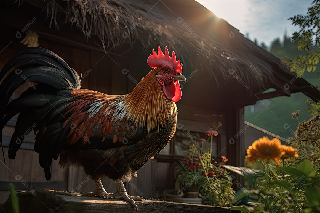 Galo majestoso se destaca no campo exuberante.