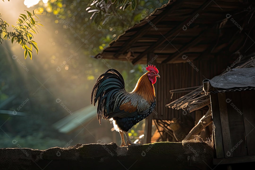 Galo majestoso se destaca no campo exuberante.