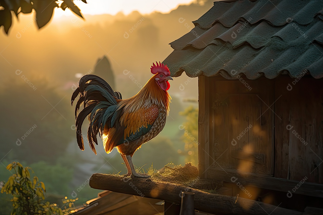 Galo majestoso se destaca no campo exuberante.