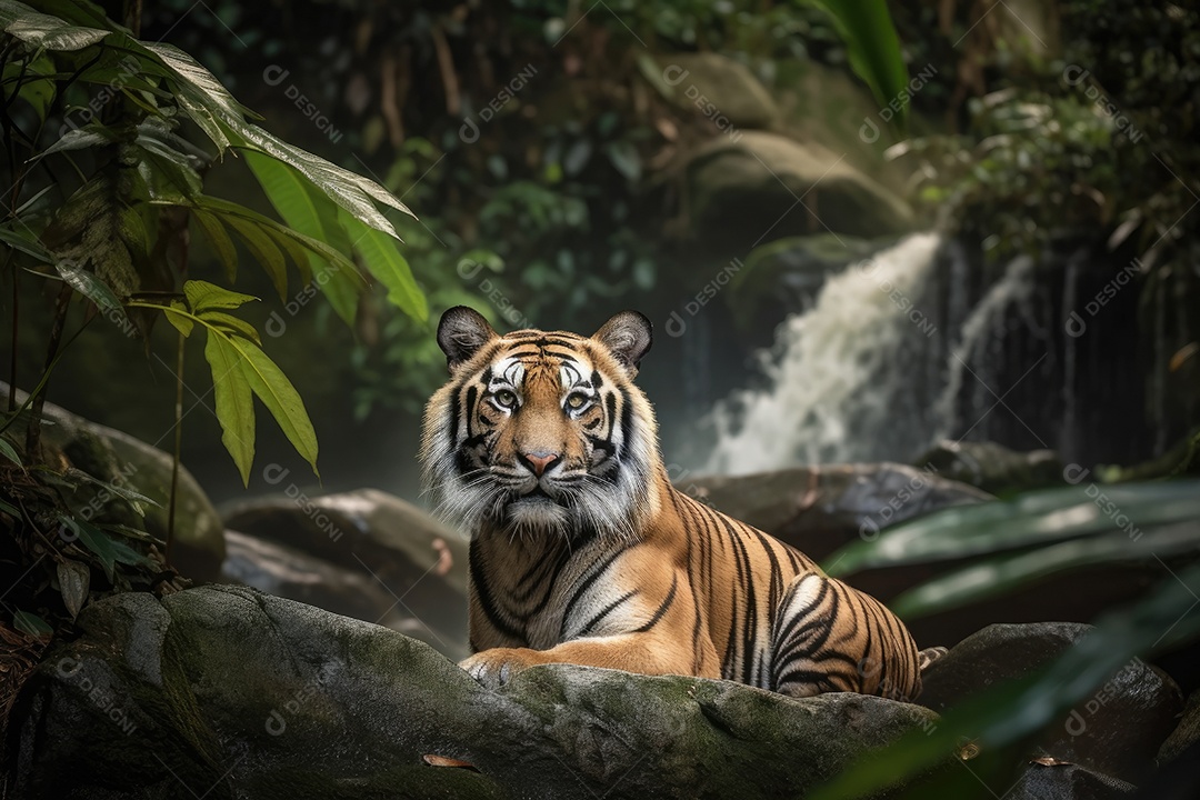 Um tigre majestoso na selva exuberante.