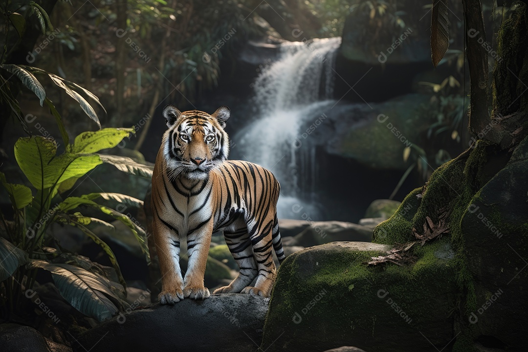 Um tigre majestoso na selva exuberante.