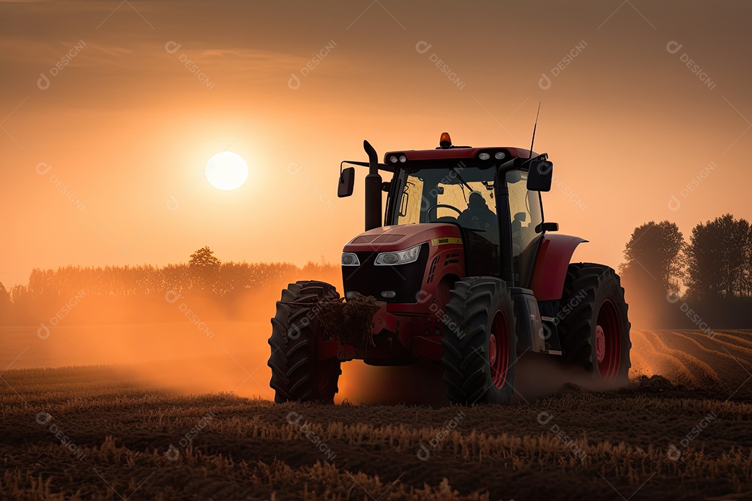 Trator vermelho em ação: a colheita dourada