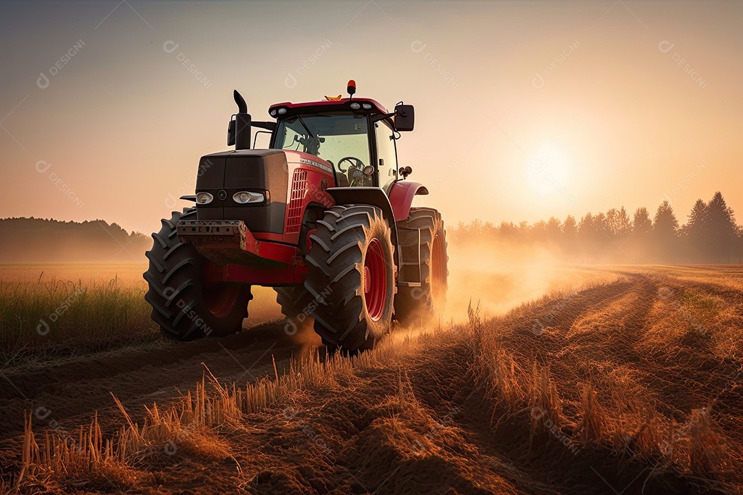 Trator vermelho em ação: a colheita dourada