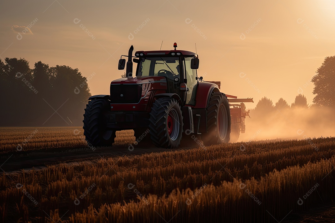 Trator vermelho em ação: a colheita dourada