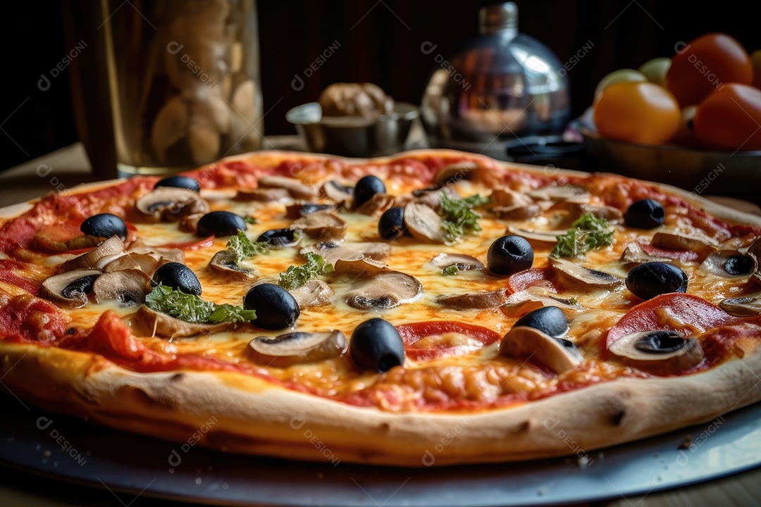 Pizza quente e saborosa com coberturas apetitosas.