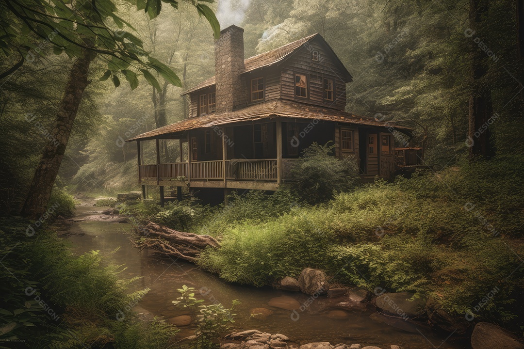 Casa de madeira rústica cercada por uma natureza exuberante.