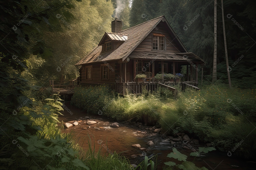 Casa de madeira rústica cercada por uma natureza exuberante.