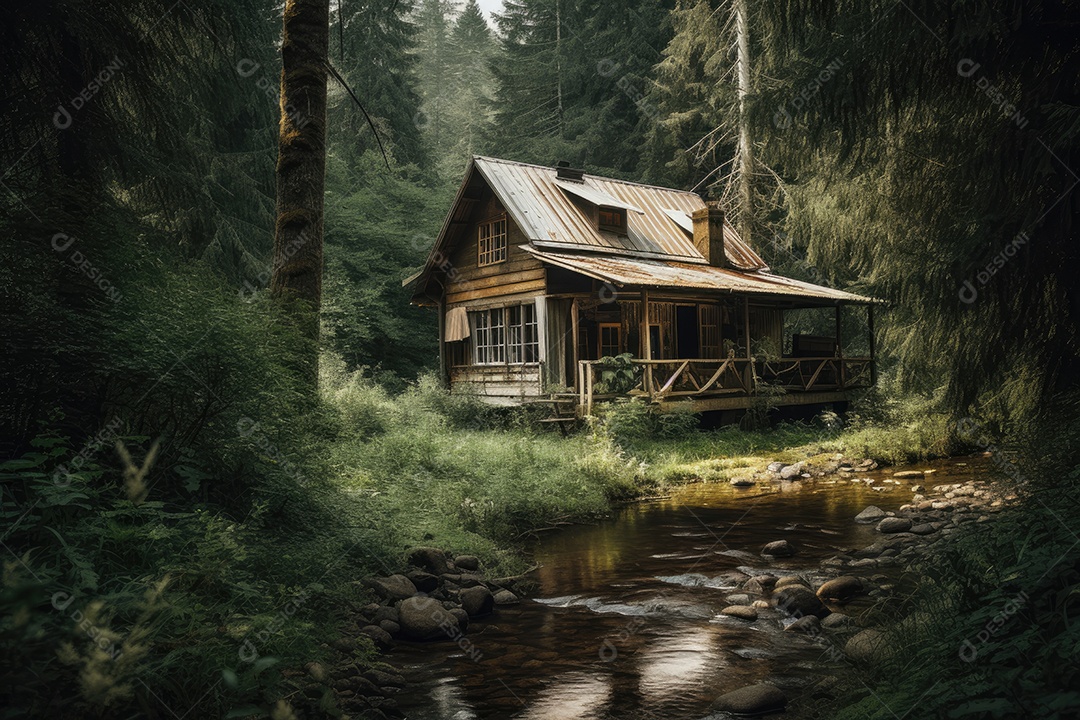 Casa de madeira rústica cercada por uma natureza exuberante.