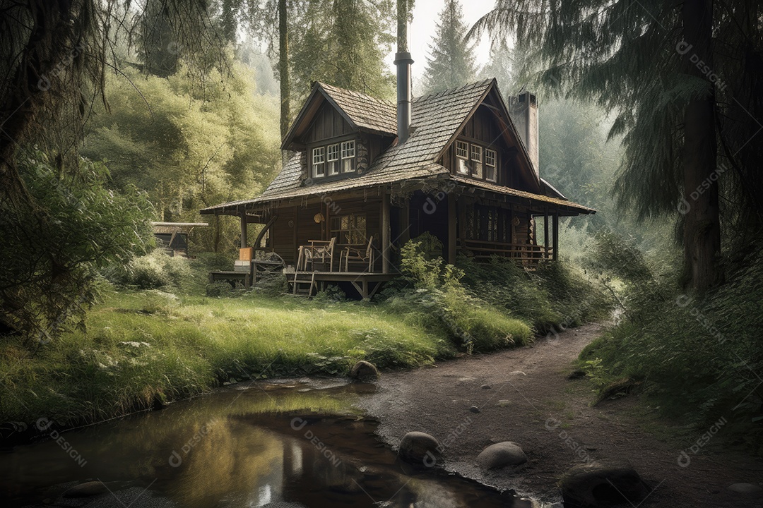 Casa de madeira rústica cercada por uma natureza exuberante.
