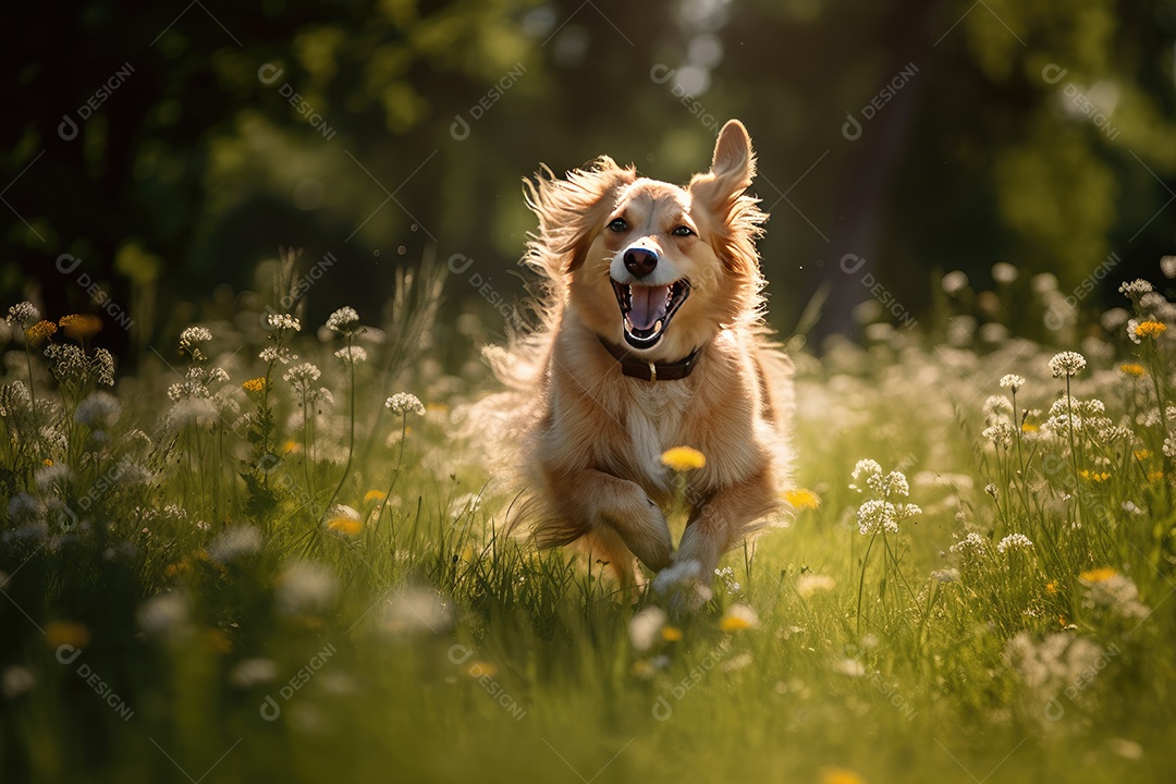 Lindo cachorro fofo correndo sobre jardim