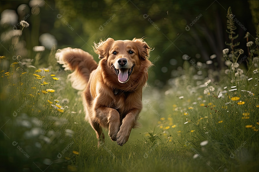 Cachorro fofo correndo no campo florido