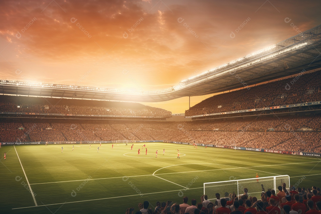 Jogo intenso no estádio com torcida e pôr do sol dourado.
