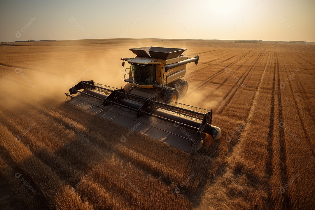 Colheitadeira moderna colhendo trigo dourado nos campos.
