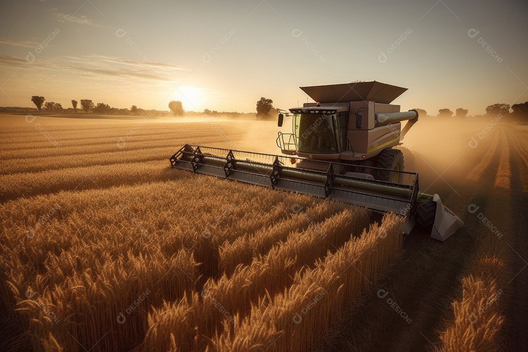 Colheitadeira moderna colhendo trigo dourado nos campos.