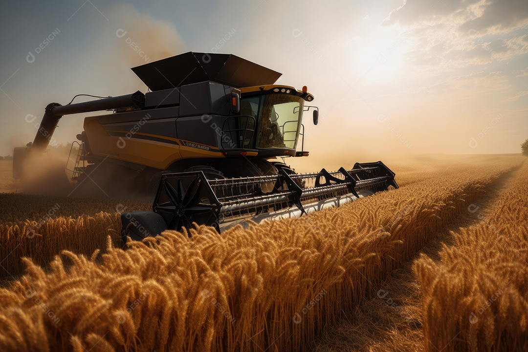 Colheitadeira moderna colhendo trigo dourado nos campos.