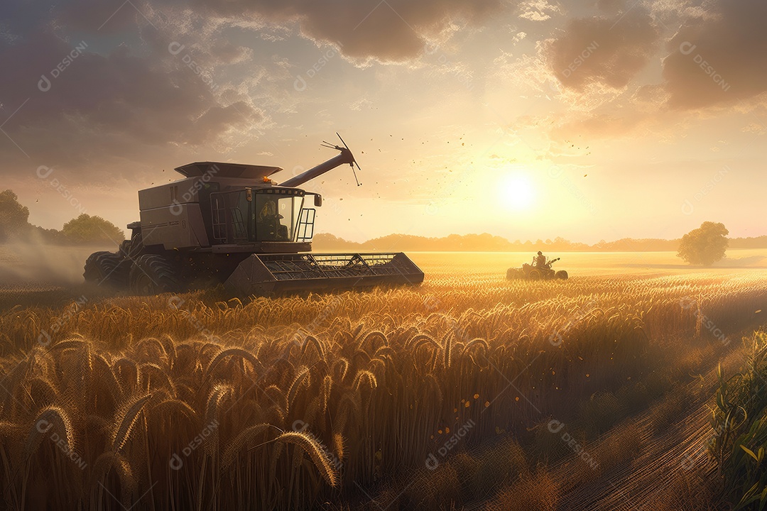 Colheitadeira moderna colhendo trigo dourado nos campos.