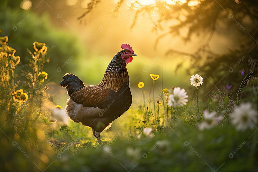 Galinha dourada coçando no campo florido. Cenário campestre ao entardecer