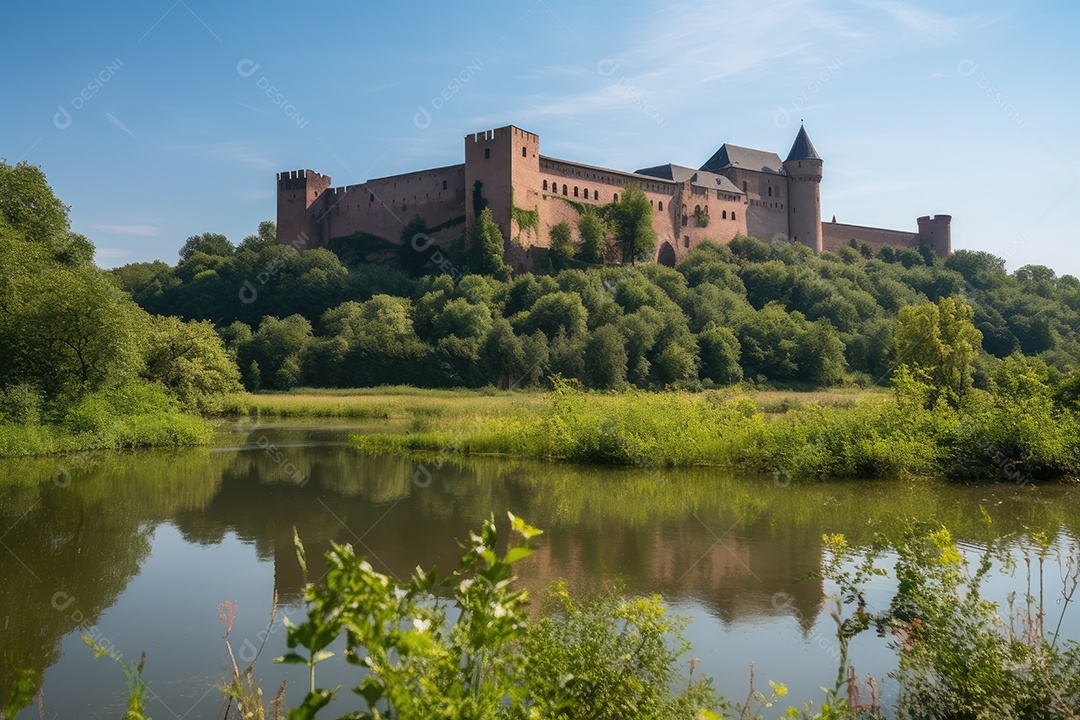 Castelo medieval imponente em cenário exuberante.