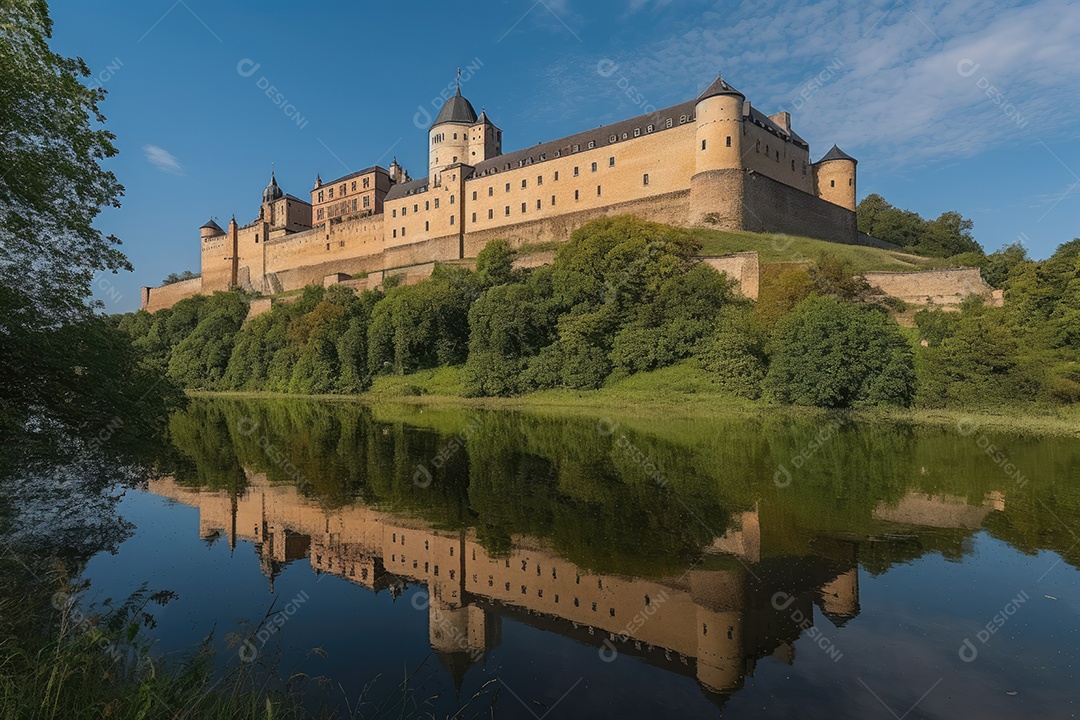 Castelo medieval imponente em cenário exuberante.