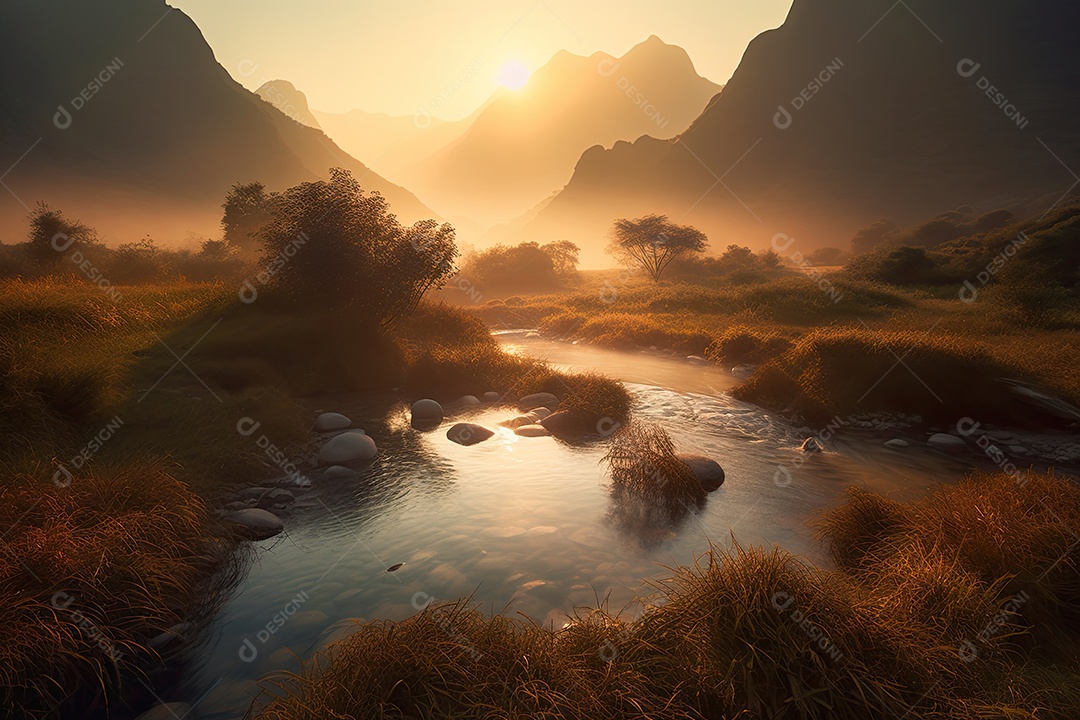 Amanhecer Sereno: Montanhas, Riacho e Natureza