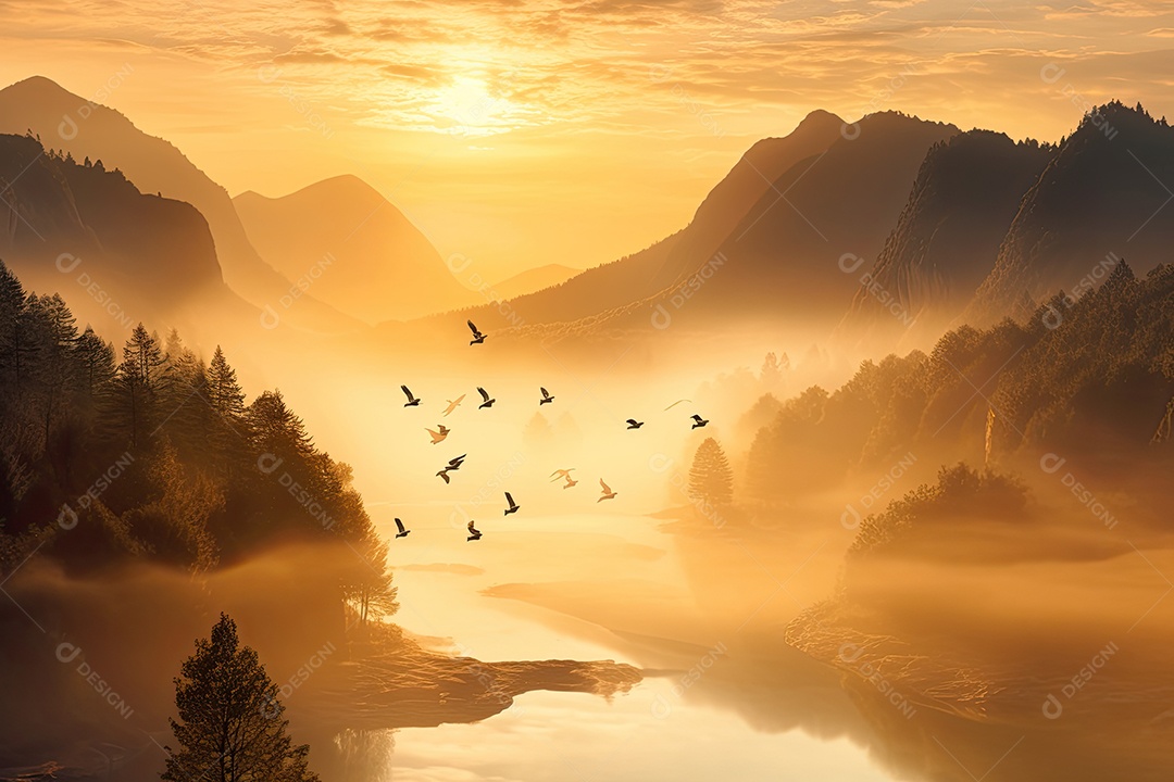 Amanhecer Sereno: Montanhas, Riacho e Natureza