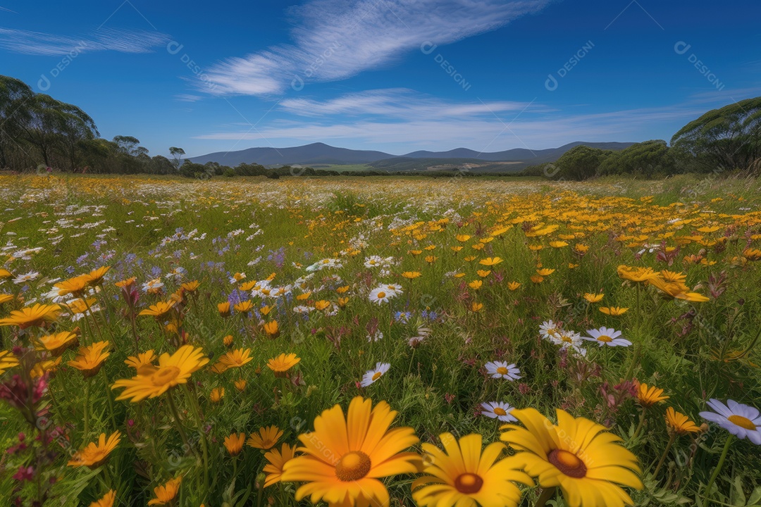 Vasto campo florido, vida e cores. Natureza em plena harmonia