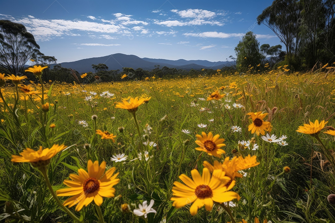 Vasto campo florido, vida e cores. Natureza em plena harmonia