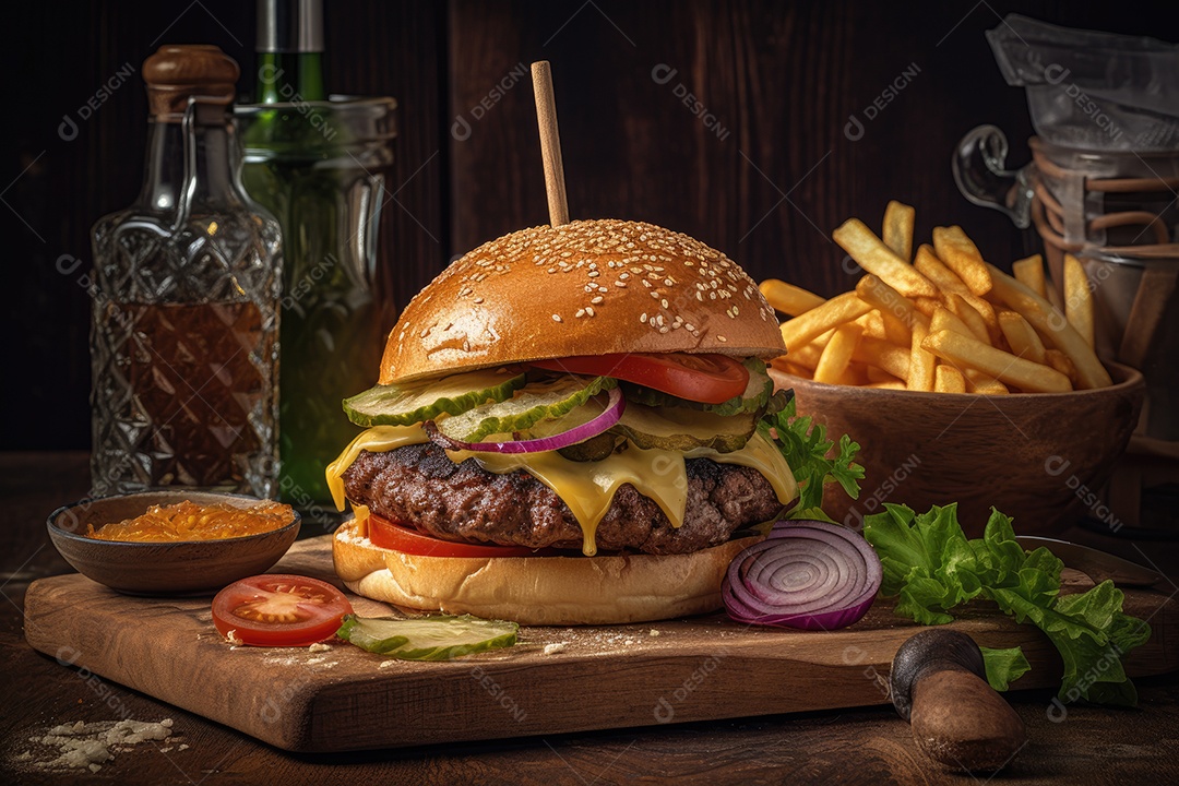 Hambúrguer artesanal suculento com fritas crocantes.